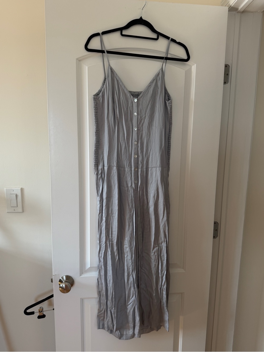 Chaser Light Gray Button-Front Spaghetti-Strap Jumpsuit